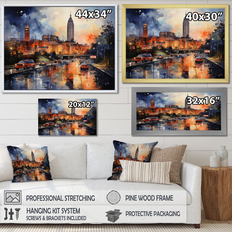 Atlanta Harmony At Night sur impression sur toile, H 34 po x l 44 po x P 1,5 po, Cadre photo noir