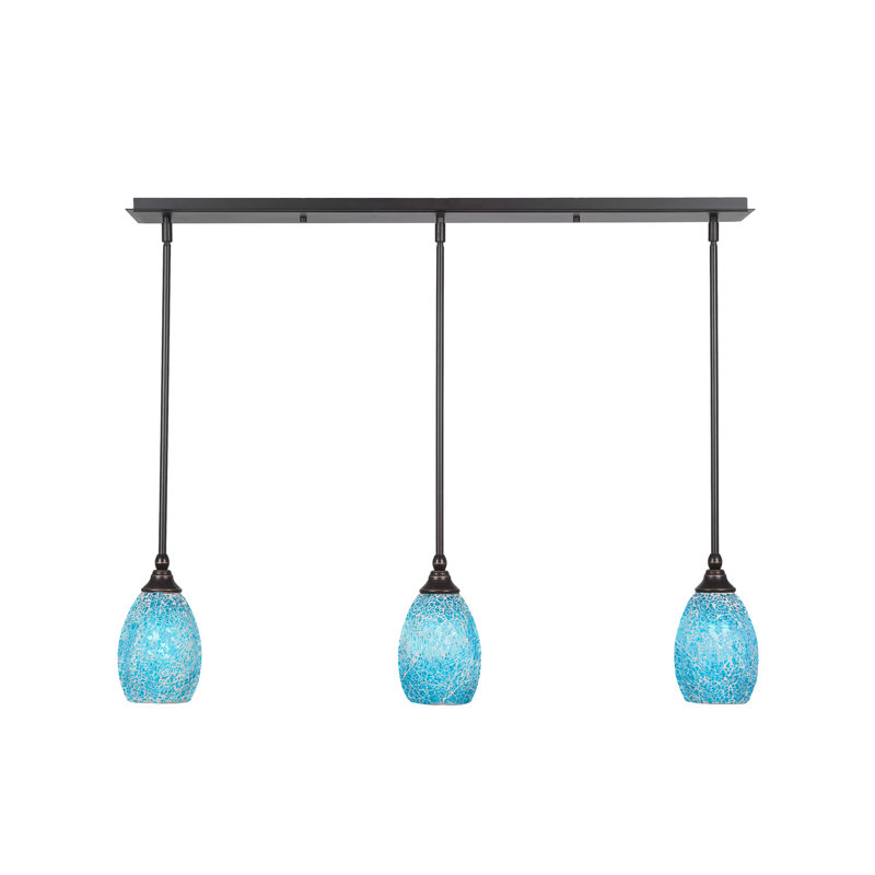 3 Light Stem Hung Linear Pendalier Shown With 5" Fusion Glass, Dark Granite, Turquoise
