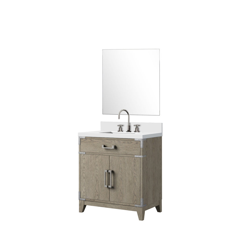 Ensemble de meuble-lavabo simple en chêne gris l 30 po x P 22 po, comptoir en quartz blanc, miroir et robinet 28 po