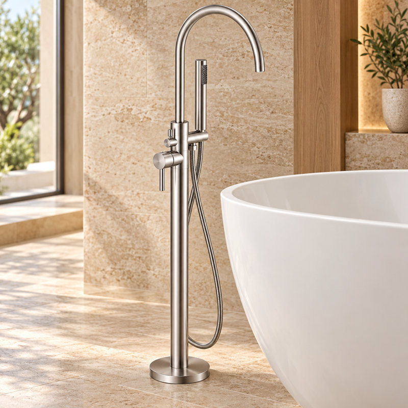 1 Handle Floor Bath Shower Mixer Bath Filler with Diverter, Nickel