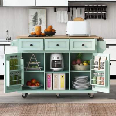 Chariot de cuisine avec comptoir à abattants en bois d'hévéa, supports de rangement internes pour porte d'armoire, îlot de cuisine sur 5 roulettes avec armoire de rangement et 3 tiroirs pour la salle à manger