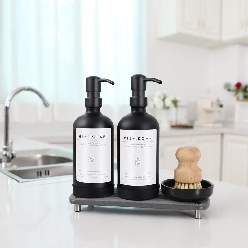 Kitchen Soap Dispenser Set - 16oz Glass Bottle, Black