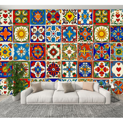 Mexican Peel and Stick Wallpaper Colorful Folk Tiles Hearts Flowers Geometric Shapes Wall Murals 100"H x 144"W Removable PVC Wall Paper Self-Adhesive Wall Decor for Bedroom Living Room Home Office