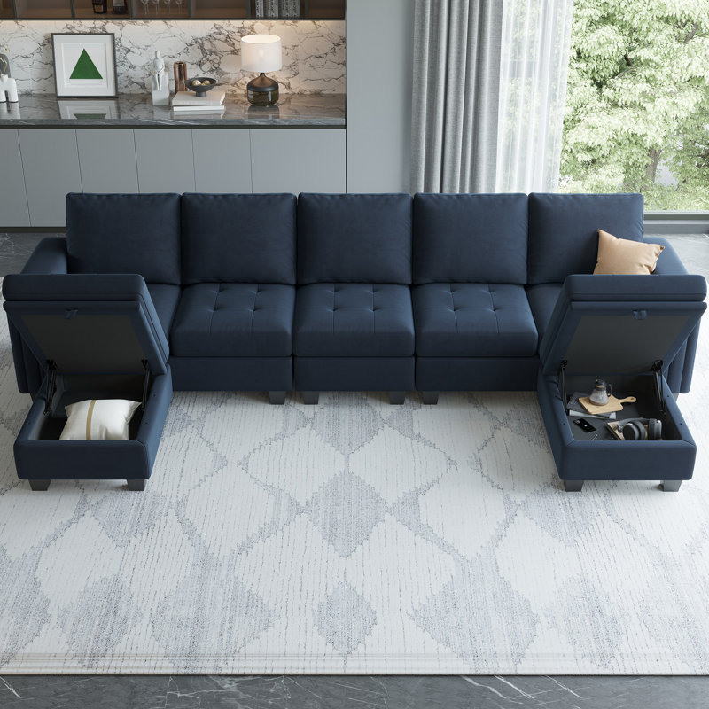 Shavera 6 - Piece 130.6'' Wide Upholstered Sectional Modular Sofa Velvet Large L Shaped Tufted Couch with Storage Ottomans