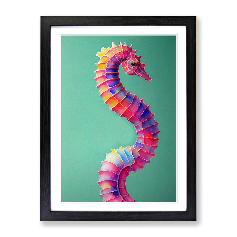 Seahorse In Colour No.3 - Single Picture Frame Painting, 64cm H x 46cm W x 2cm D, Black Framed