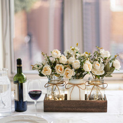 3-piece White Mason Jar Centerpiece With Wood Tray And Led Lights