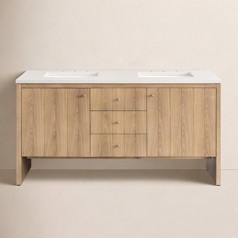 Hudson 60'' Double Bathroom Vanity with Top, White Zeus, 8" Widespread, Light Natural Oak
