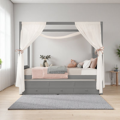 Lit plateforme avec tête de lit tapissier, lit gigogne simple et 3 tiroirs, cadre de lit à baldaquin princesse pour enfants, rangement et assemblage facile
