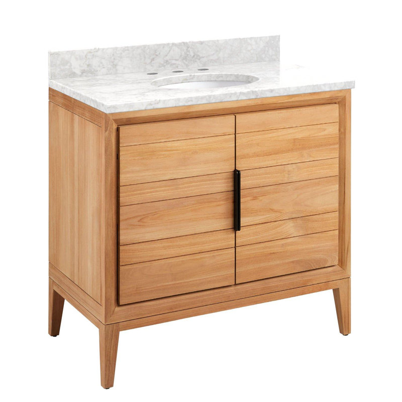 36" Aliso Single Bathroom Vanity Set with Oval Undermount Sink, 8" Widespread, Carrara Marble, Natural Teak