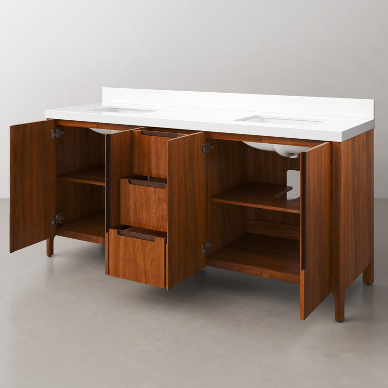 Sequoia 72 In. Double Sink Whitebrook Quartz Countertop Bath Vanity in Mango Wood, Noir Juglans