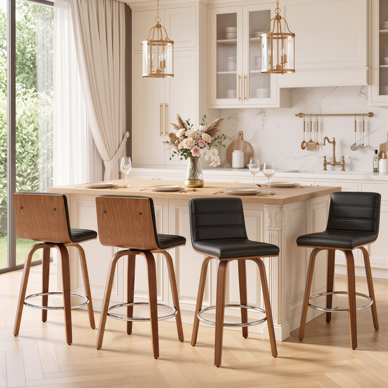 Tabouret de bar et de comptoir pivotant rembourré avec structure en bois massif et dossier en similicuir en forme de L