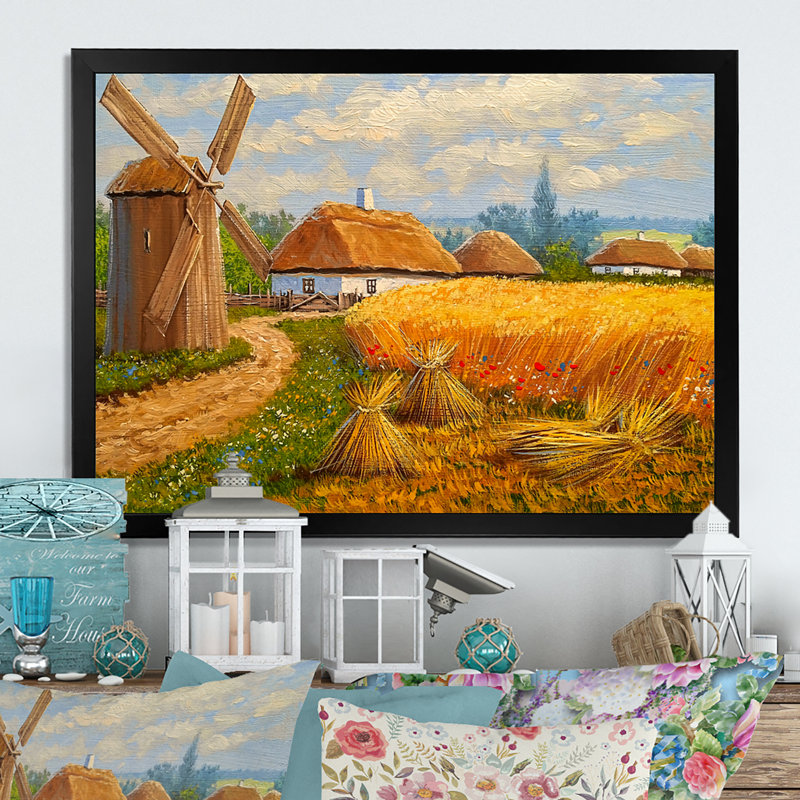 Vieux village rustique Lanscape - peinture sur toile, H 30 po x l 40 po x P 1,5 po, Cadre photo noir