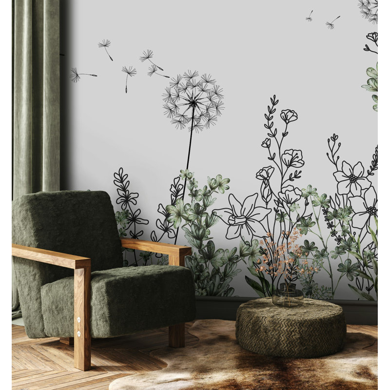 Papier peint minimaliste avec bordure de fleurs de pissenlit, L 106 po x l 187 po