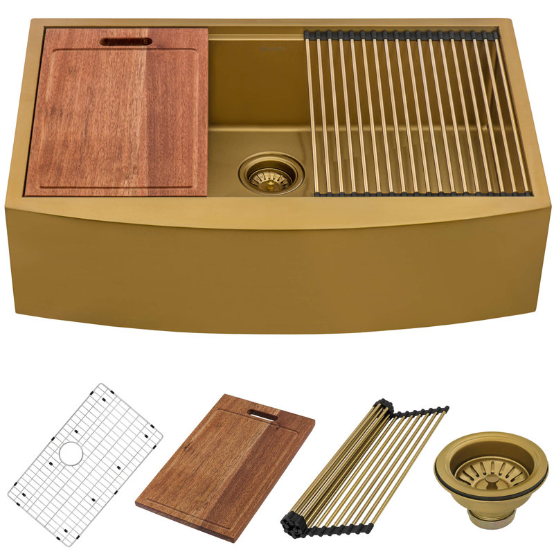 Ruvati 36" L x 22" W Farmhouse Kitchen Sink, Matte Gold Brass Tone