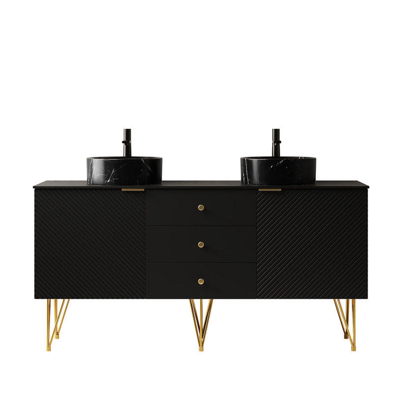 Meuble-lavabo de 60 po avec contreplaqué autoportant, 4 pieds dorés, 2 lavabos en pierre noire, comptoir fritté, pré-assemblé, noir, longue durée et fonction élégante d'aspect
