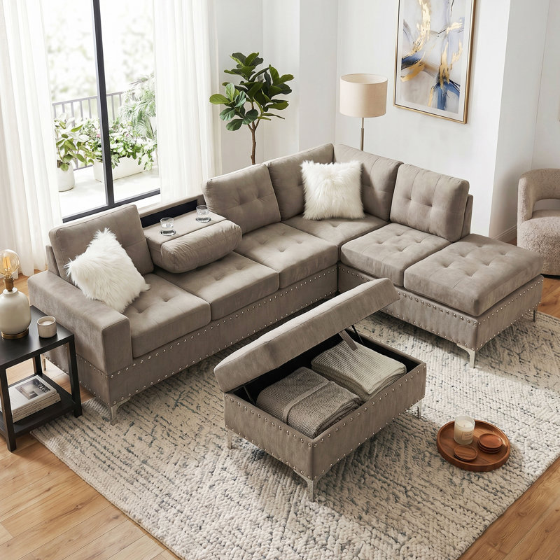 Canapé modulaire réversible en L avec méridienne convertible, repose-pieds de rangement, console rabattable avec 2 porte-gobelets, pieds en métal et 2 coussins