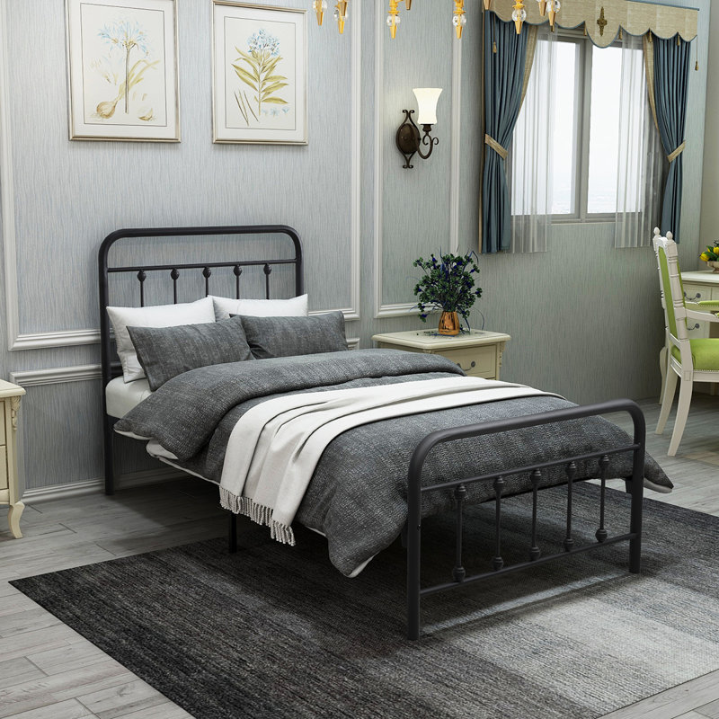 Metal Platform Bed Frame, Victorian Style Headboard/Footboard/Under Bed Storage/No Box Spring Needed/Twin Size Black