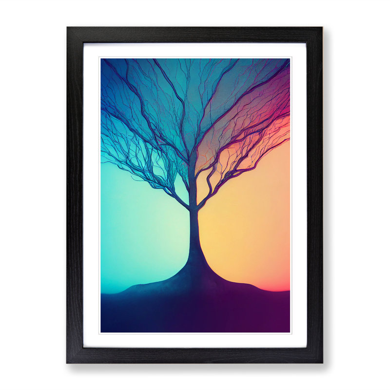 Tree Neon - Single Picture Frame Print, Black, 64cm H x 46cm W x 2cm D