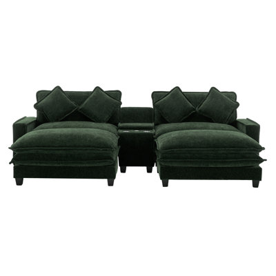 111" Sectional Sofa Chenille Upholstered Sofa With Two Removable Ottoman, Two Usb Ports, Two Cup Holders And Large Storage Box For Living Room