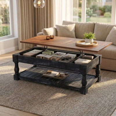 Table basse à plateau relevable de 47 po avec rangement caché et tablette ouverte, table centrale industrielle rustique pour le salon
