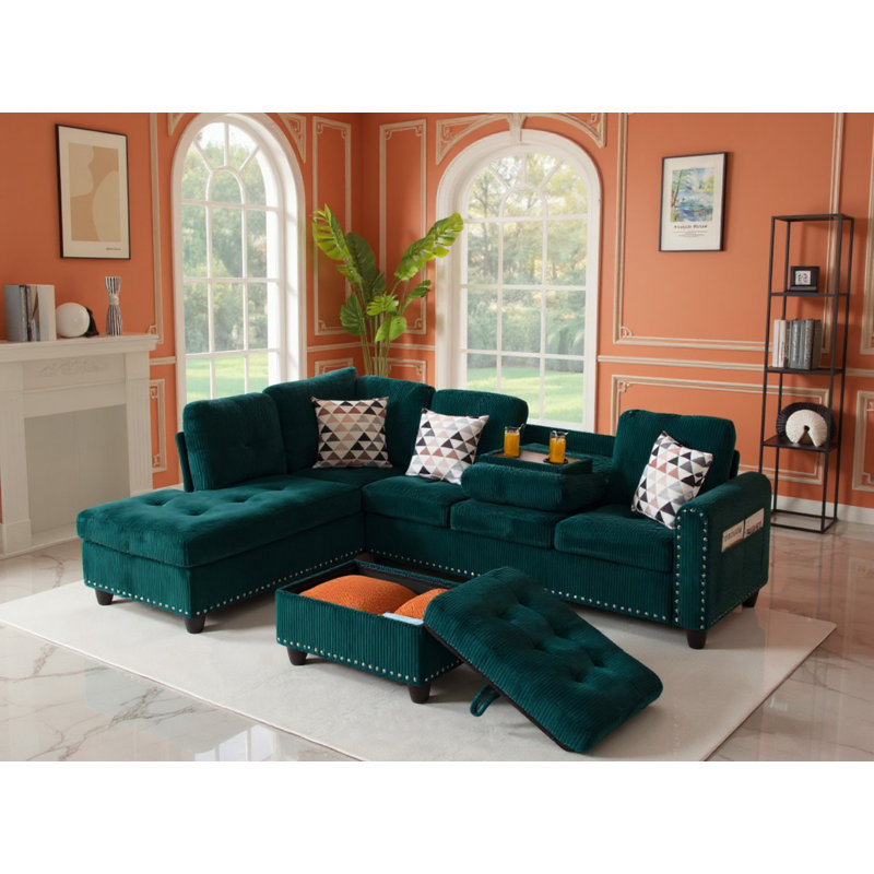  94.49” L-shaped Corduroy Deep Seat Modular Sectional Sofa Couch For Living Room, Green