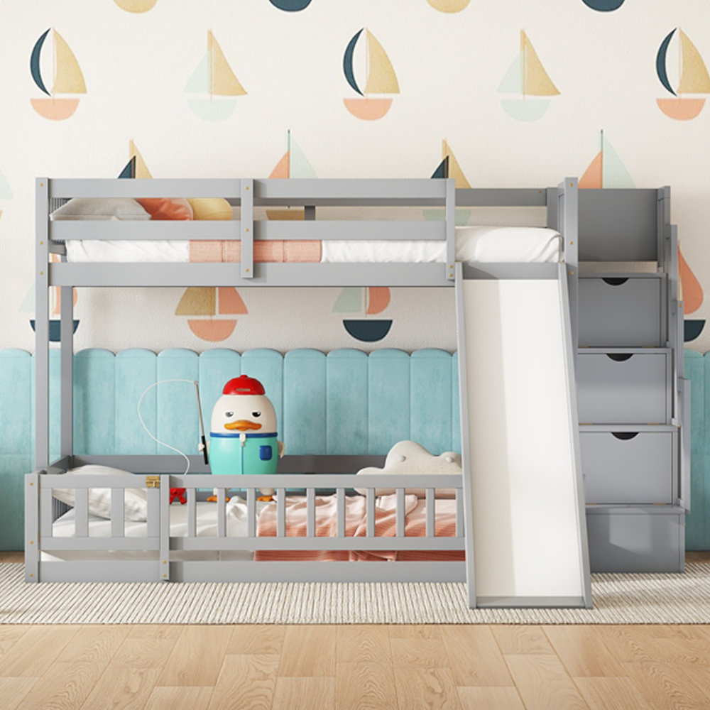 Latitude Run® Twin Over Full Bunk Bed With Slide And Storage Staircase ...