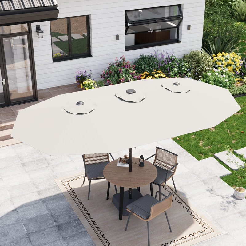 Parasol de patio rectangulaire de 15 pi avec lumières solaires et base inclus - Grand parasol de patio avec manivelle 48 lumières DEL, protection UV pour le marché extérieur, la cour, la terrasse, le bord de la piscine