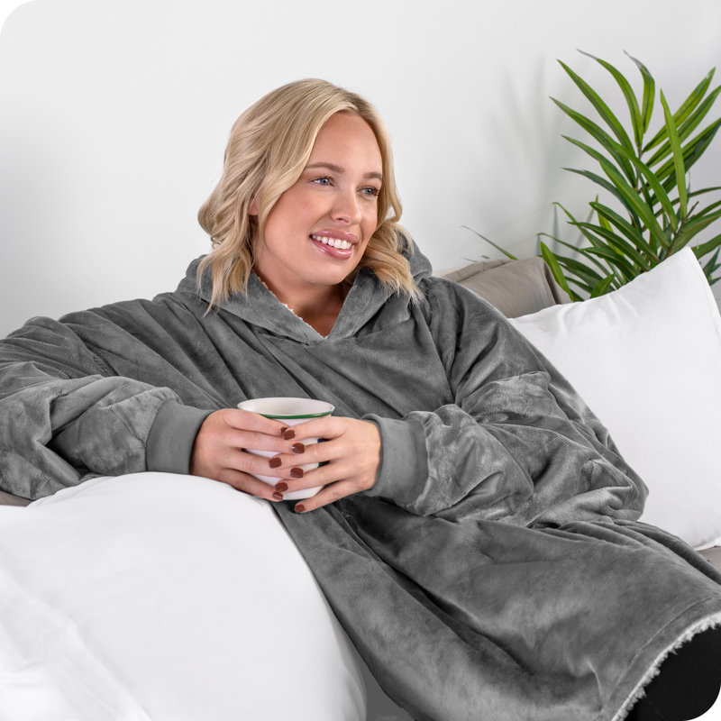 Gray Fleece and Sherpa Hooded Wearable Blanket with Sleeves