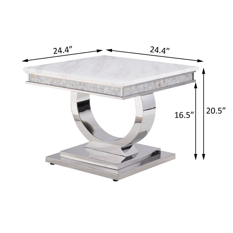 Table de bout à piédestal avec plateau en faux marbre blanc et argent