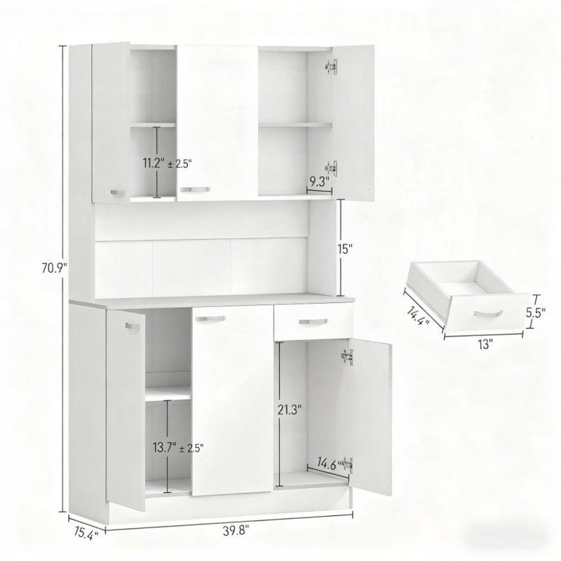 Grand garde-manger avec support pour micro-ondes, 6 portes, tiroir de rangement et 3 tablettes réglables pour une organisation moderne