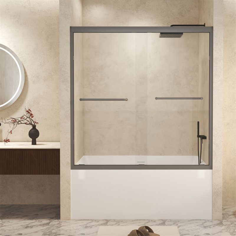 56-60" W ×60" H Tempered Glass With Explosion Proof Film, Aluminum Frame Double Sliding Shower Door, "1/4 (6 Mm), Stainless Steel Handle