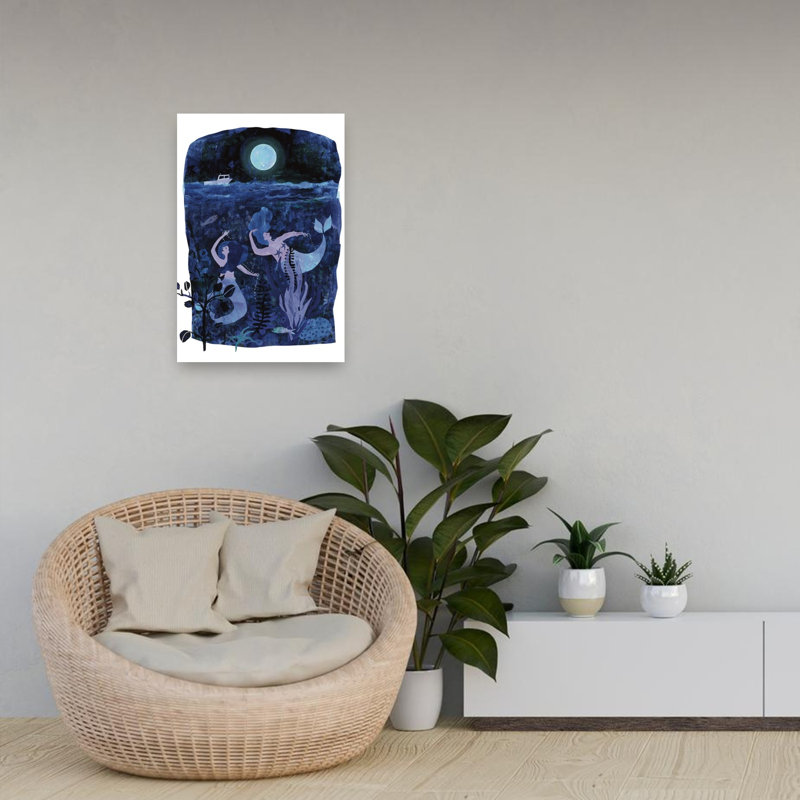 Moonlit Ocean Mermaids Dreamy Ethereal Serene Fish Ocean Landscape Wall Art Print 1 Piece Wrapped Canvas Wall Art