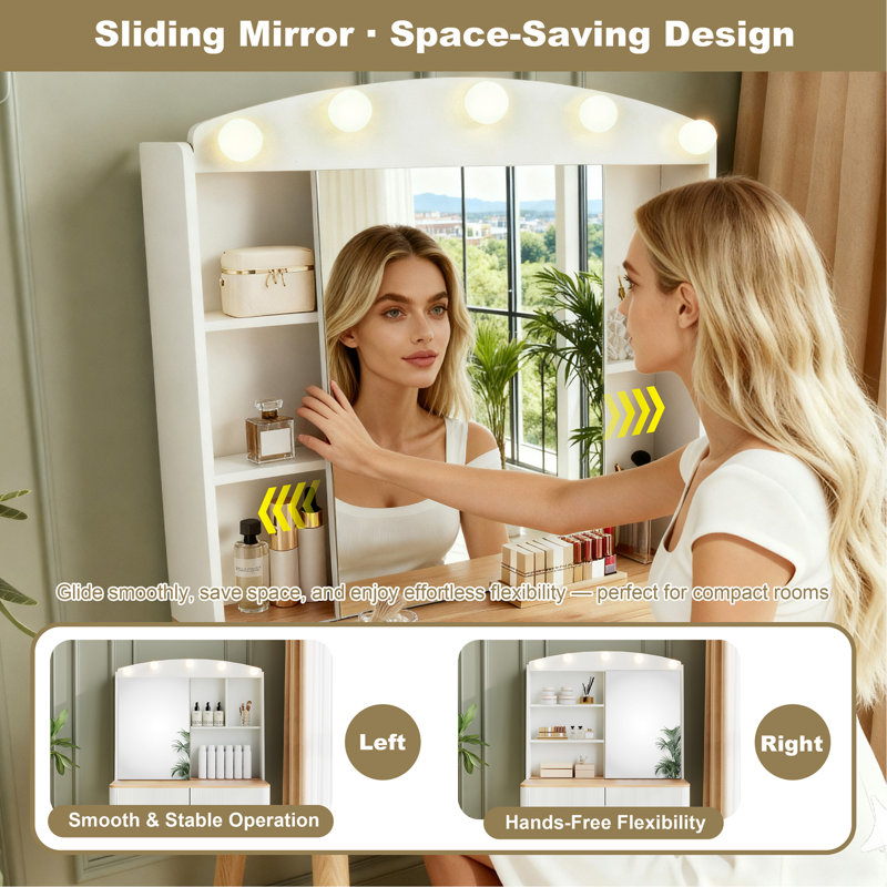 Petit meuble-lavabo avec miroir et lumières, grande capacité de rangement et miroir coulissant, ensemble de meuble-lavabo avec deux tiroirs cannelés, coiffeuse 3 couleurs d'éclairage (blanc)
