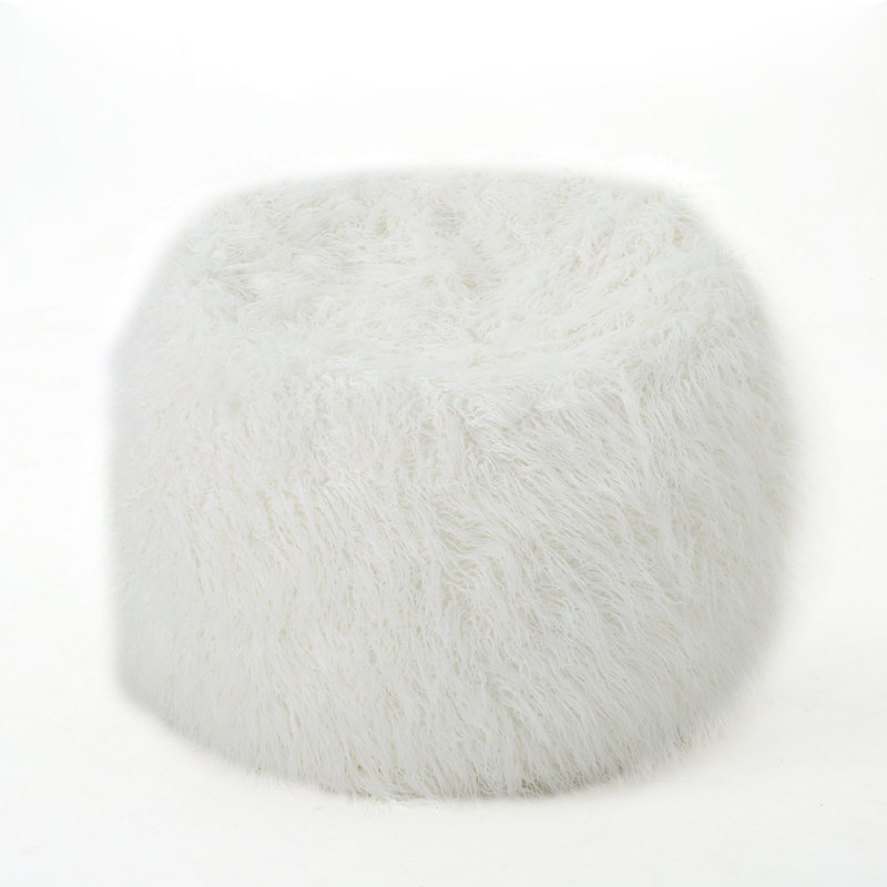 Mahin 5 Foot Rounded Faux Fur Bean Bag, White, White Faux Fur