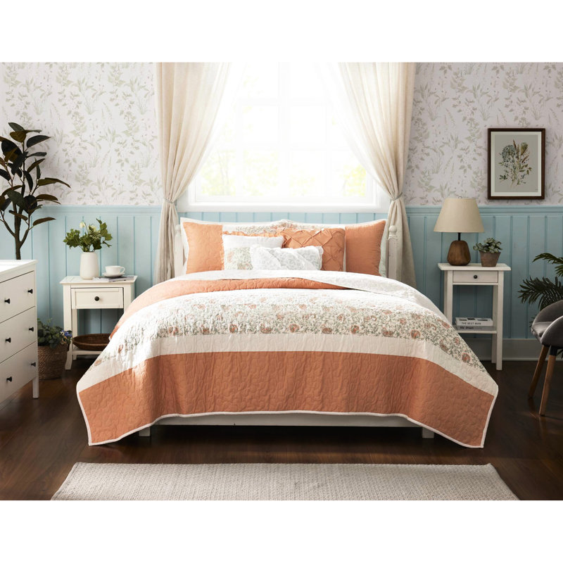Courtepointe 6 pièces en corail réversible, coton, avec coussins décoratifs, literie double et lin, Corail