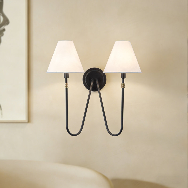 Preslee 20-in Black Sconce with White Linen Shades