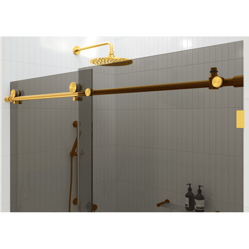 Equinox 56 - 60 in. x 60 in. Fully Frameless Gray Tinted Sliding Bathtub Door, Satin Brass