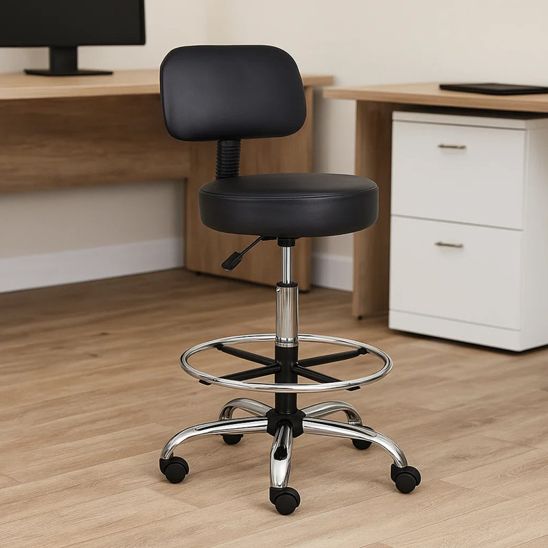 Fea Medical Drafting Stool, Black Vinyl, Low Back And Padded Seat, Chrome, Black