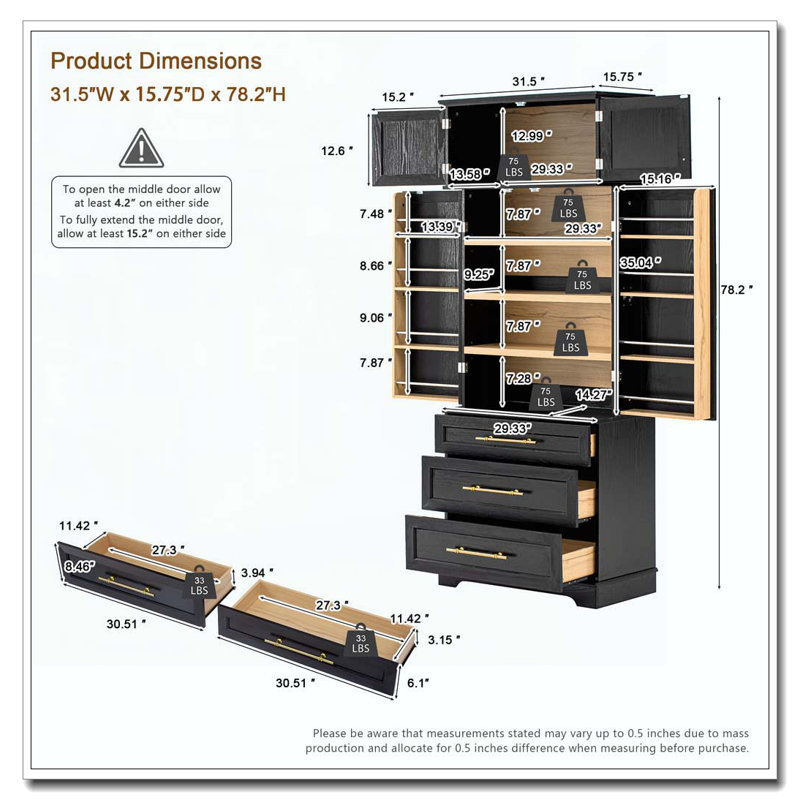 Armoire de cuisine de campagne de 78,2 po de hauteur avec 8 tablettes de porte, armoire de rangement avec 3 tablettes réglables, 3 grands tiroirs,