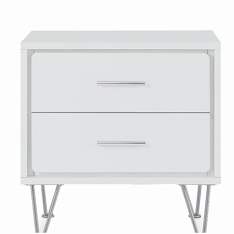 Table d'appoint blanche 2 tiroirs avec pieds en épingle à cheveux, Blanc