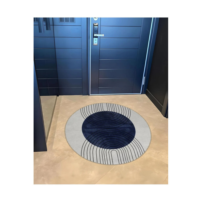 Blue Gray Themed Geometric Circle And Stripe Patterned Round Woven Base Modern Decorative Carpet, Round 3'4"