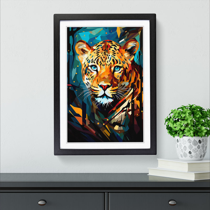 Leopard Cubism - Single Picture Frame Print on Wood, Black Framed, 64cm H x 46cm W x 2cm D