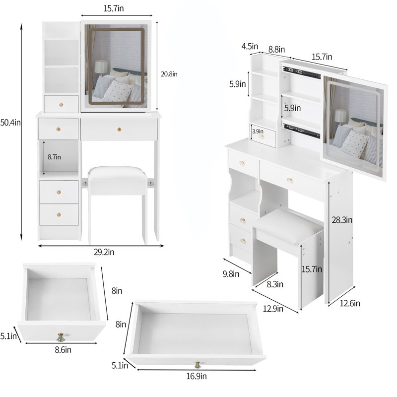 Petit meuble-lavabo de 29,2 po avec tabouret de bureau et tabouret rembourré à gauche 29,5 po, grande commande tactile, interrupteur tricolore, miroir à luminosité réglable, rangement à grande capacité, convient aux petits espaces