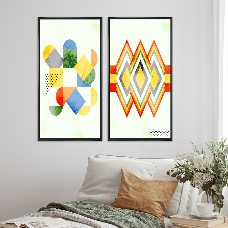 " Abstract Retro Geometrics IV " 2 - Pieces, 40" H x 40" W x 1.5" D, Black Framed Canvas