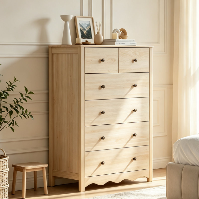 Commode haute 6 tiroirs avec base festonnée, Bois naturel