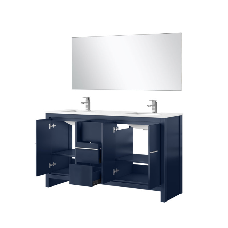 Lafarre 60 in W x 20 in D Double Bath Vanity Mirror and Faucet Set, Navy Blue, White Quartz