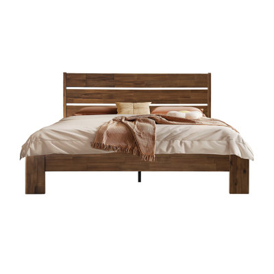 Structure de lit pleine grandeur en bois massif avec tête et pied de lit, 12 pieds robustes en métal à structure à lattes, silencieux et antidérapant, assemblage facile, pas de sommier tapissier, finition noyer chaud