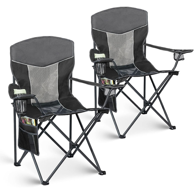 Ensemble de 2 chaises de camping d'extérieur avec dossier en filet, chaises de jardin portatives pliantes avec porte-gobelet et poche de rangement latérale pour le camping, la plage, le pique-nique, la pêche (noir)