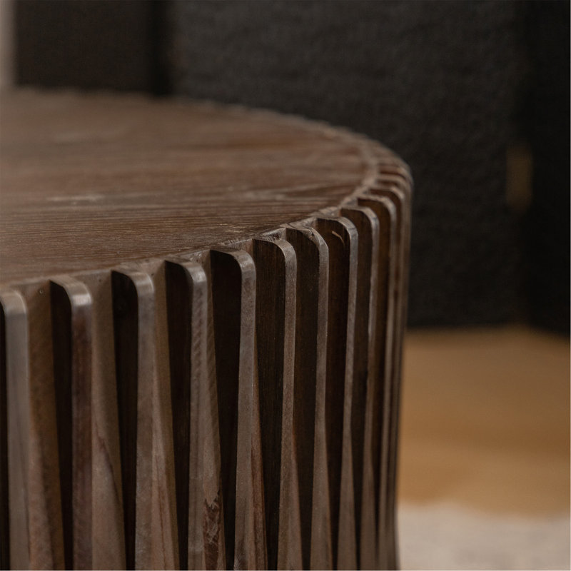 Vintage Fashion Style Cylindrical Nesting Coffee Table Set With Vertical Textured Embossed Design, Dark Brown