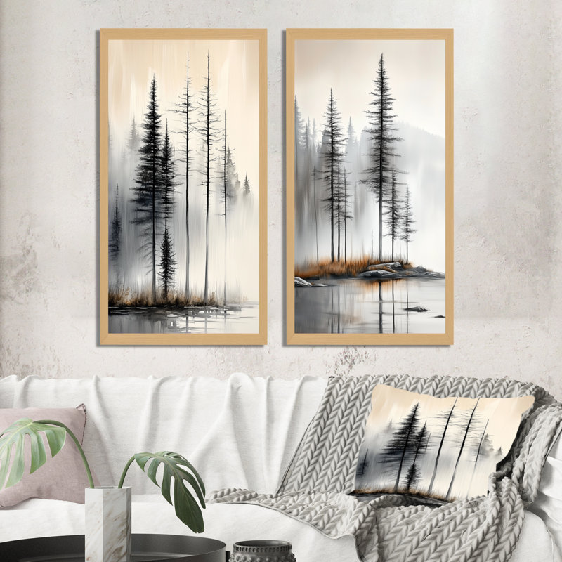 Pins d'été brumeux - Ensemble de 2 impressions encadrées de pins, 32" H x 32" W, Natural Floater Framed